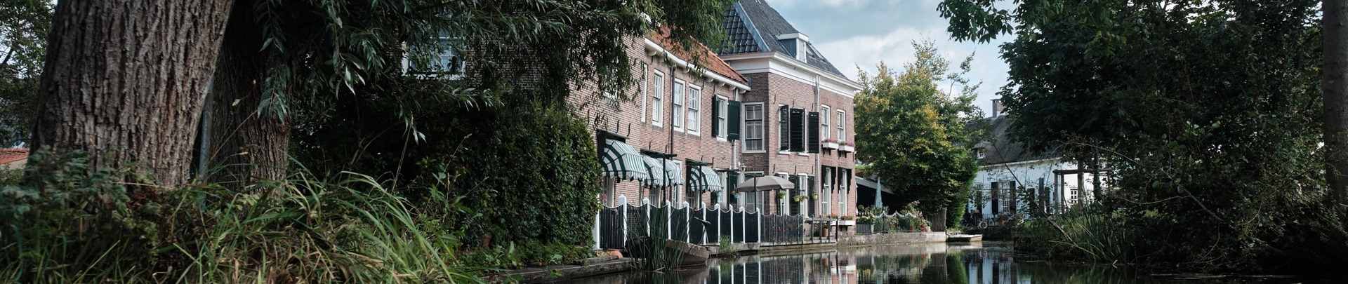 panden aan het water met wat bomen op de voorgrond